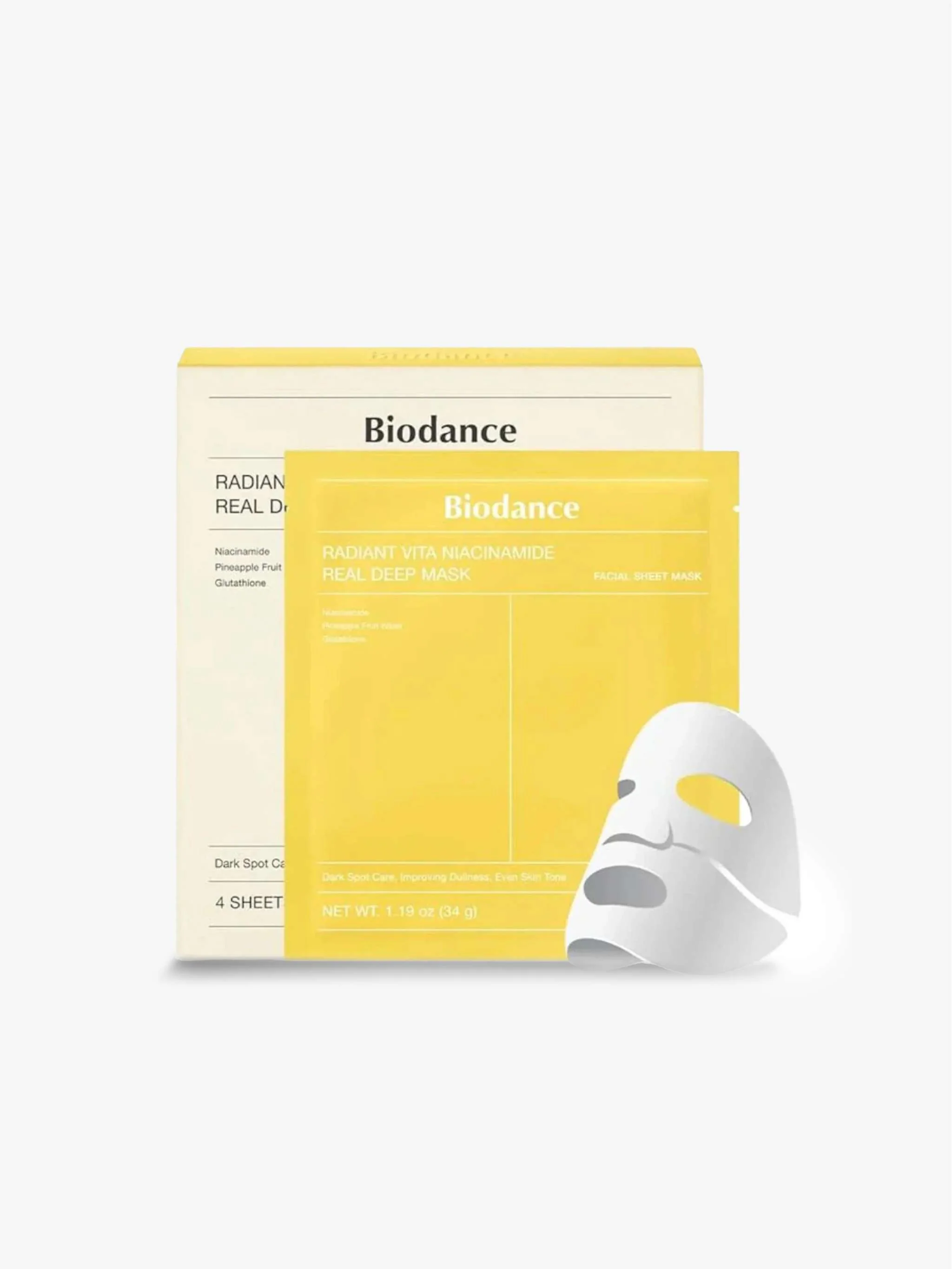 Mascarilla Niacinamida Radiant Vita, 4 pzs, luminosidad y control de manchas