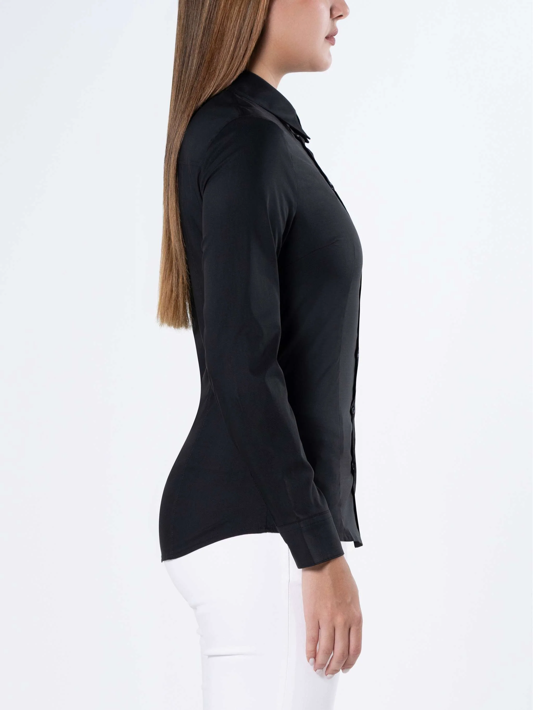 Camisa Slim Popeline Stretch, color negro, para Damas - Image 3